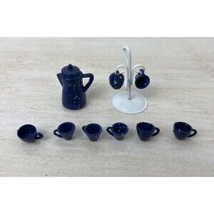 Vintage Dollhouse Miniature Blue Enamel Metal Coffee Tea Pot & 8 Cups And Stand